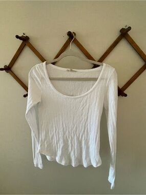 Madewell White Ribbed Scoop Neck Long-Sleeve Top